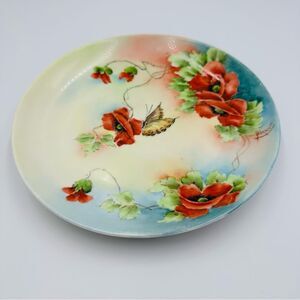 VTG Josephine Bavaria Hand Painted Signed 8” Plate Red Green Poppies Butterfly